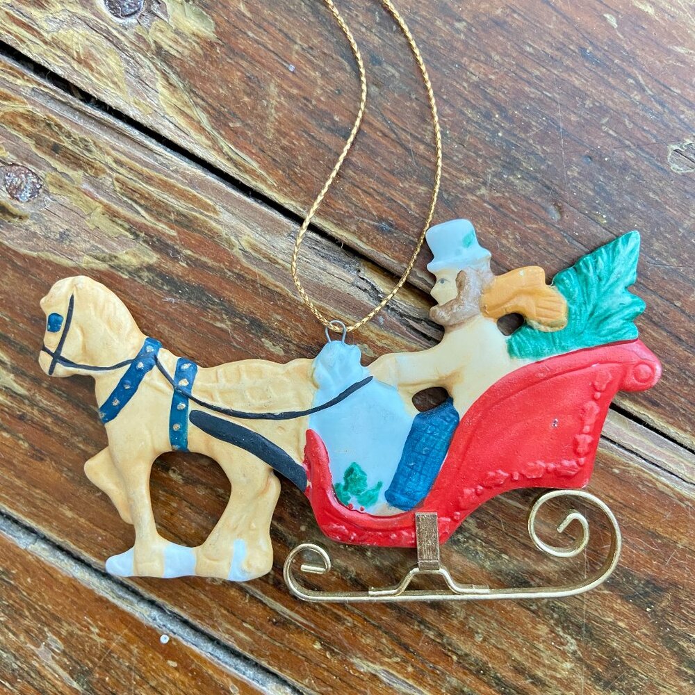 Vintage Ceramic Victorian Horse Drawn Sled Sleigh Christmas Tree Ornament Taiwan